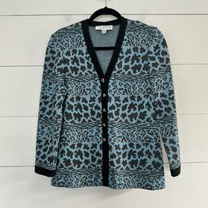 St John Women’s 2 Wool Blend Blue Leopard Cardigan Office Core Career Dressy